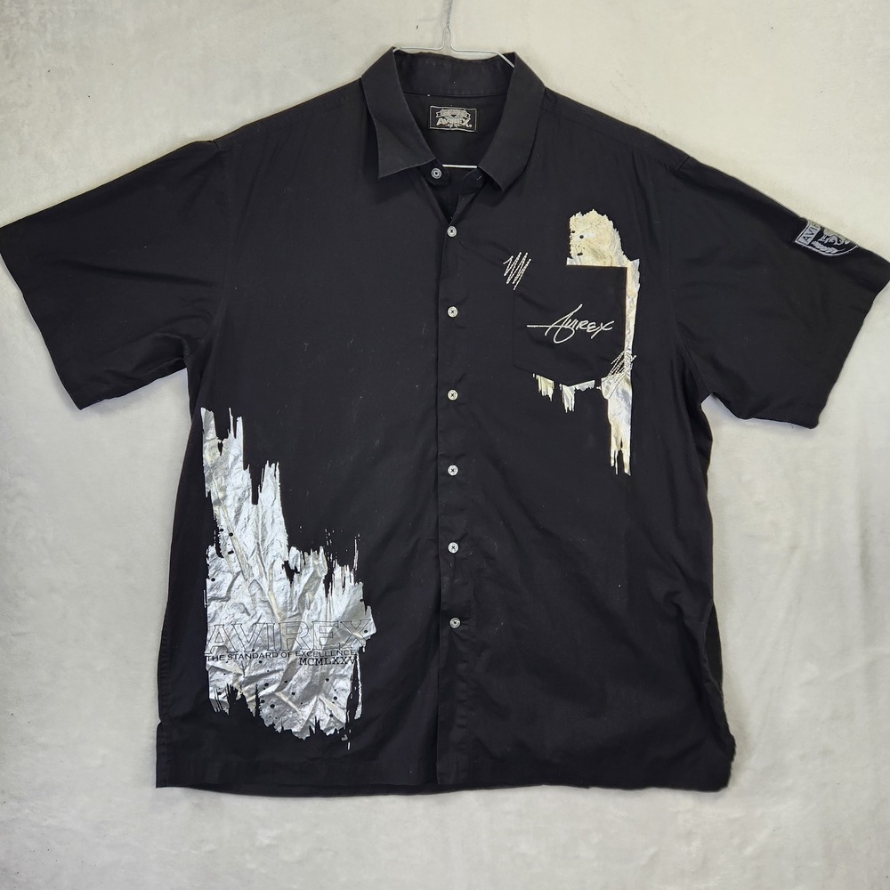 Avirex Mens Black Silver Foil Graphic‎ Short Sleeve Button Up Shirt XL